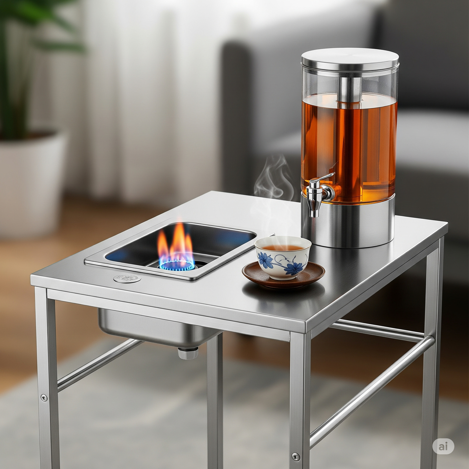 Side Table With Single Burner and Tea Dispenser